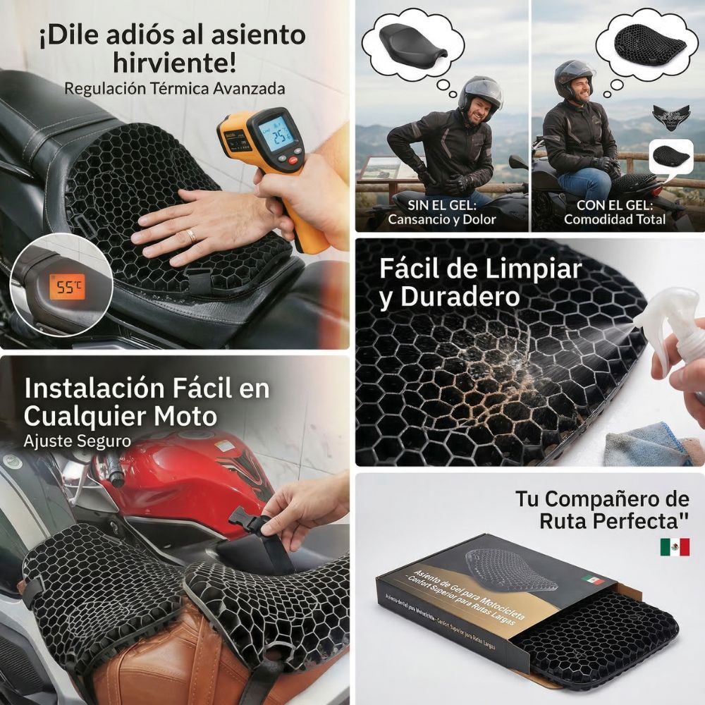 🏍️ Cojín de Gel para Moto – Máximo Conforto + Aislamiento Térmico (Adiós al Dolor)